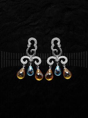 Pendientes de Oro Blanco con Diamantes, Topacio y Aguamarina