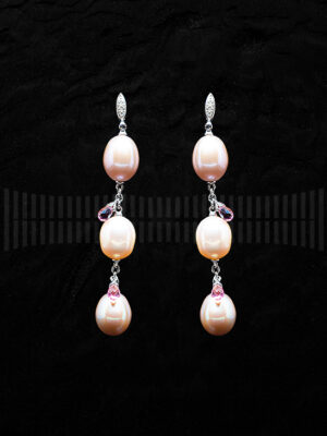 Pendientes de Oro Blanco, Perla Cultivada Rosa y Amatista
