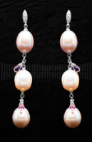 Pendientes de Oro Blanco, Perla Cultivada Rosa y Amatista