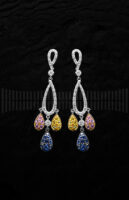Pendientes de Oro Blanco con Diamantes, Cuarzo Rosa, Citrino y Zafiro