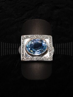 Sortija Oro Blanco Circonita y Aguamarina