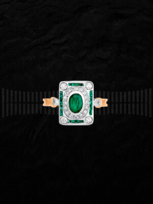 Anillo diseño art-decó en oro blanco y amarillo, esmeraldas y diamantes
