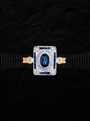 Anillo diseño art-decó en oro blanco y amarillo, zafiros y diamantes