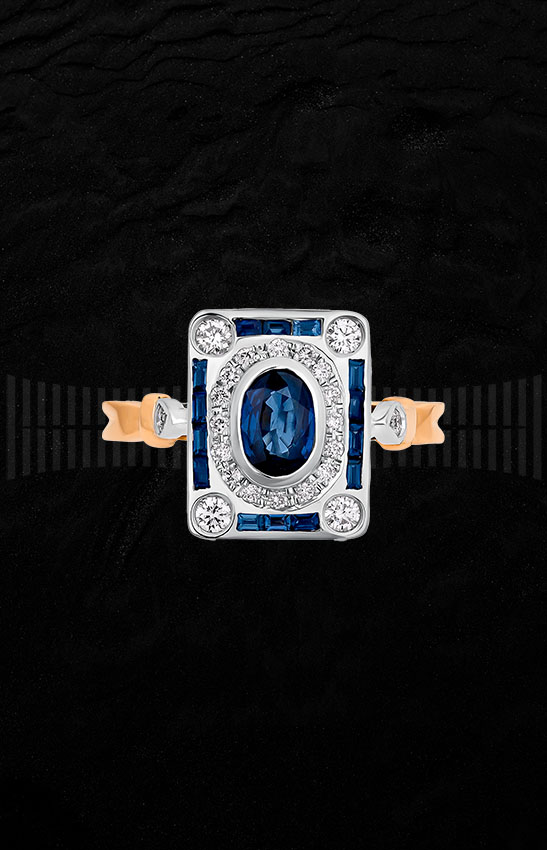 Anillo diseño art-decó en oro blanco y amarillo, zafiros y diamantes