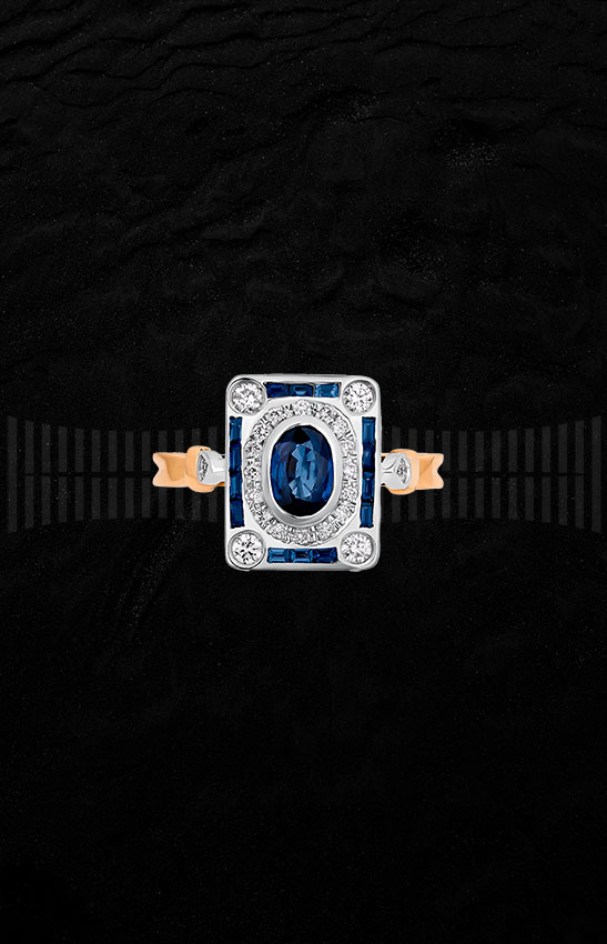 Anillo diseño art-decó en oro blanco y amarillo, zafiros y diamantes