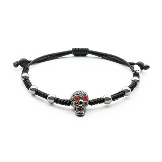 Colección Wolf Macramé Bracelets, Diamante Negro 0.71 Ct, Rubi, Hematite Y Onix, Calaveras